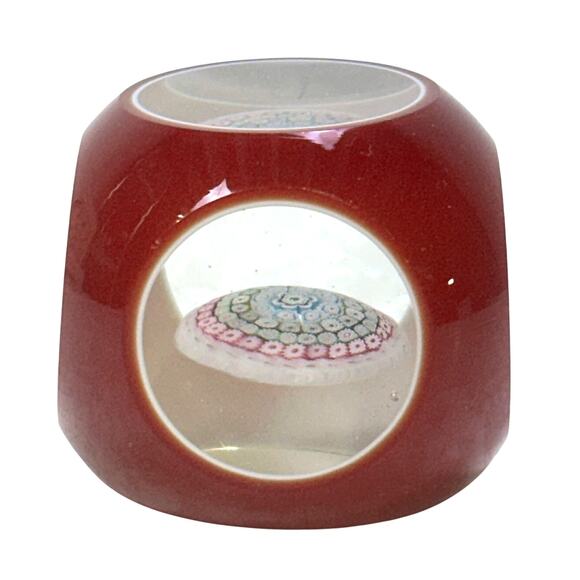 Murano (?) Other - Vintage Murano (?) Millefiori Facet Overlay Cased Glass Window Red Paperweight
